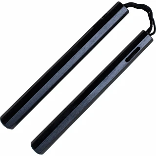 Černá dřevěná nunchaku Hexagonal 12\" - šňůra