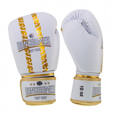Kožené boxerské rukavice Buakaw Banchamek Striker  - bílá/zlatá